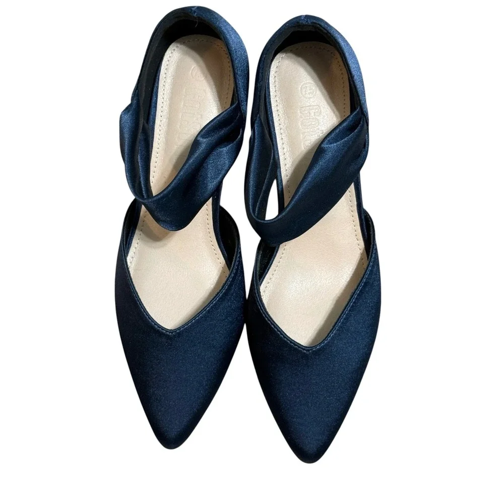 GotSoft Navy Blue Satin Pointed Toe Twisted Strap Kitten Heel Pumps Womens 7.5